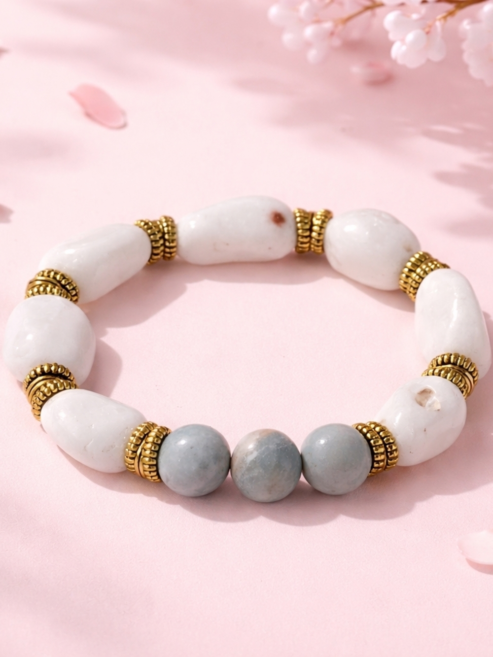 Handmade White Snow Quartz And Amazonite Beads  With Gold Accents